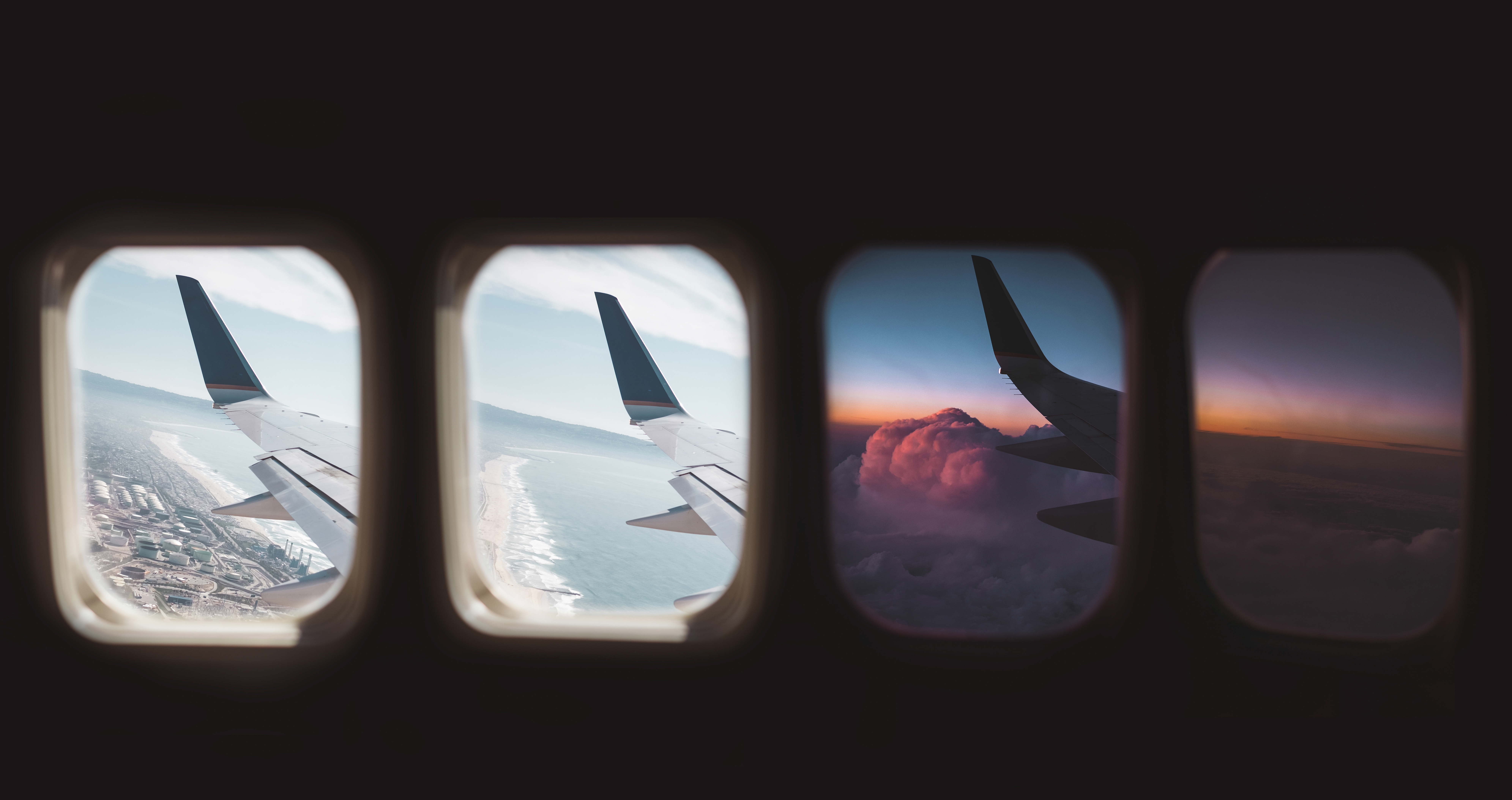 Collage of 4 images looking out an airplane window at the airplane wing and sky below